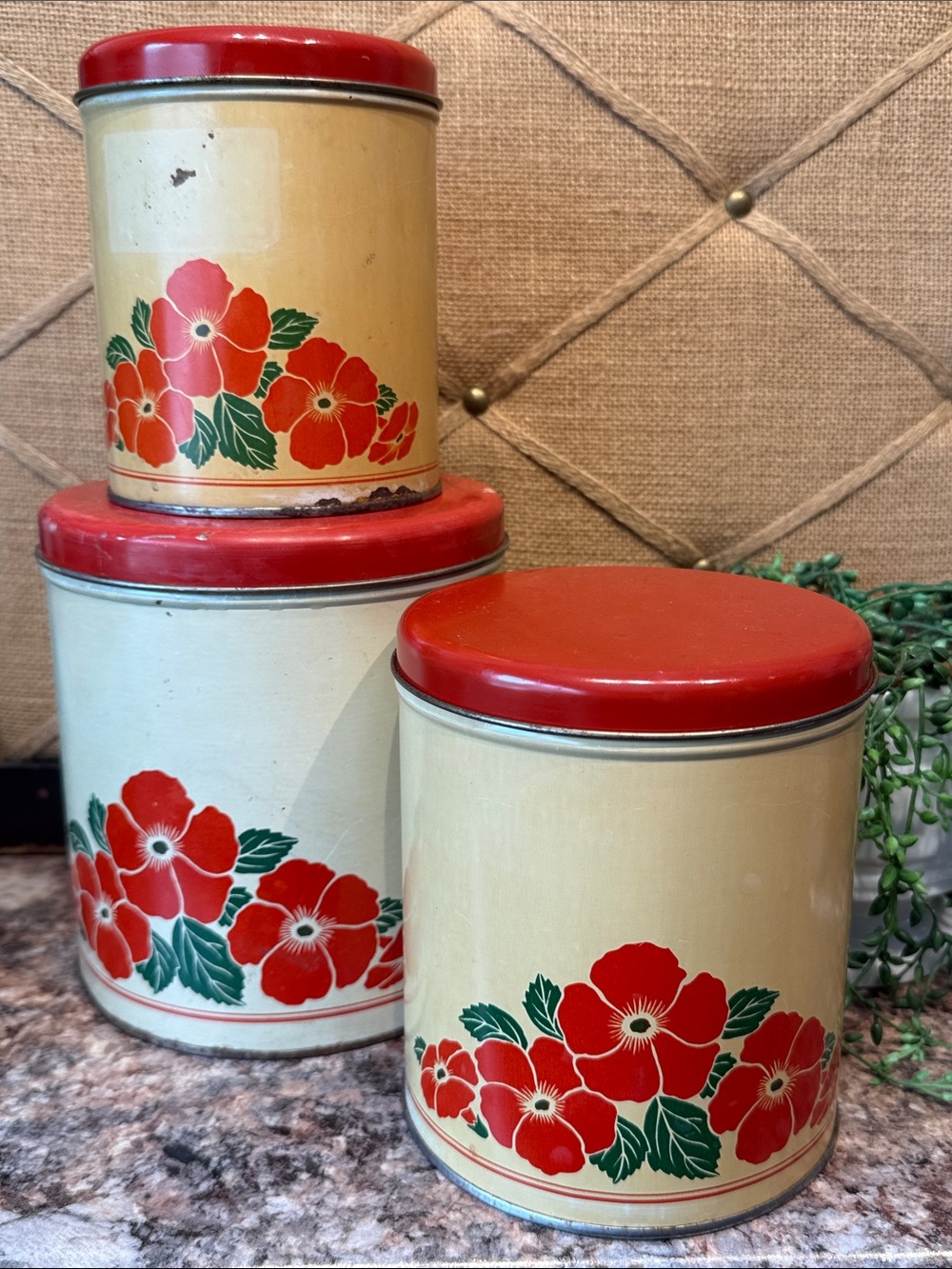 Vintage Decoware Floral Red & Cream Canister Set